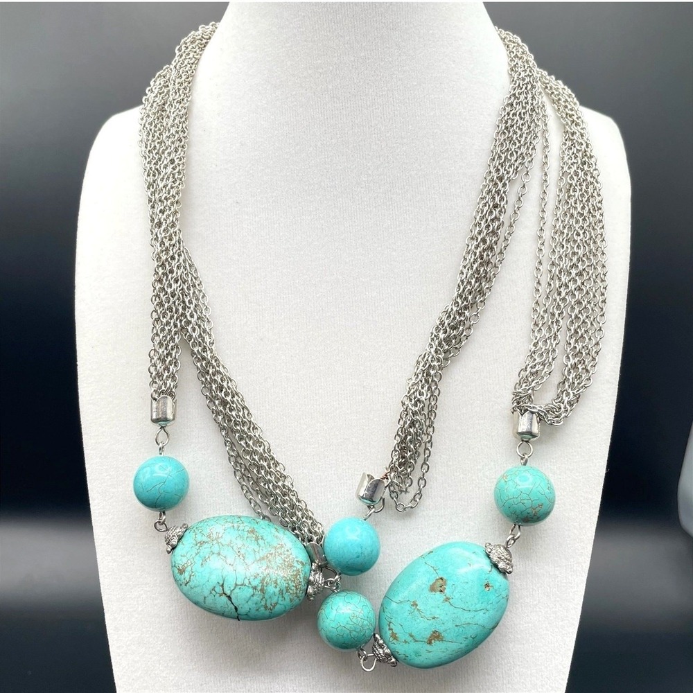 Vintage Silver Tone Bohemian Oval Spherical Turquoise Multi-Chain Necklace Boho